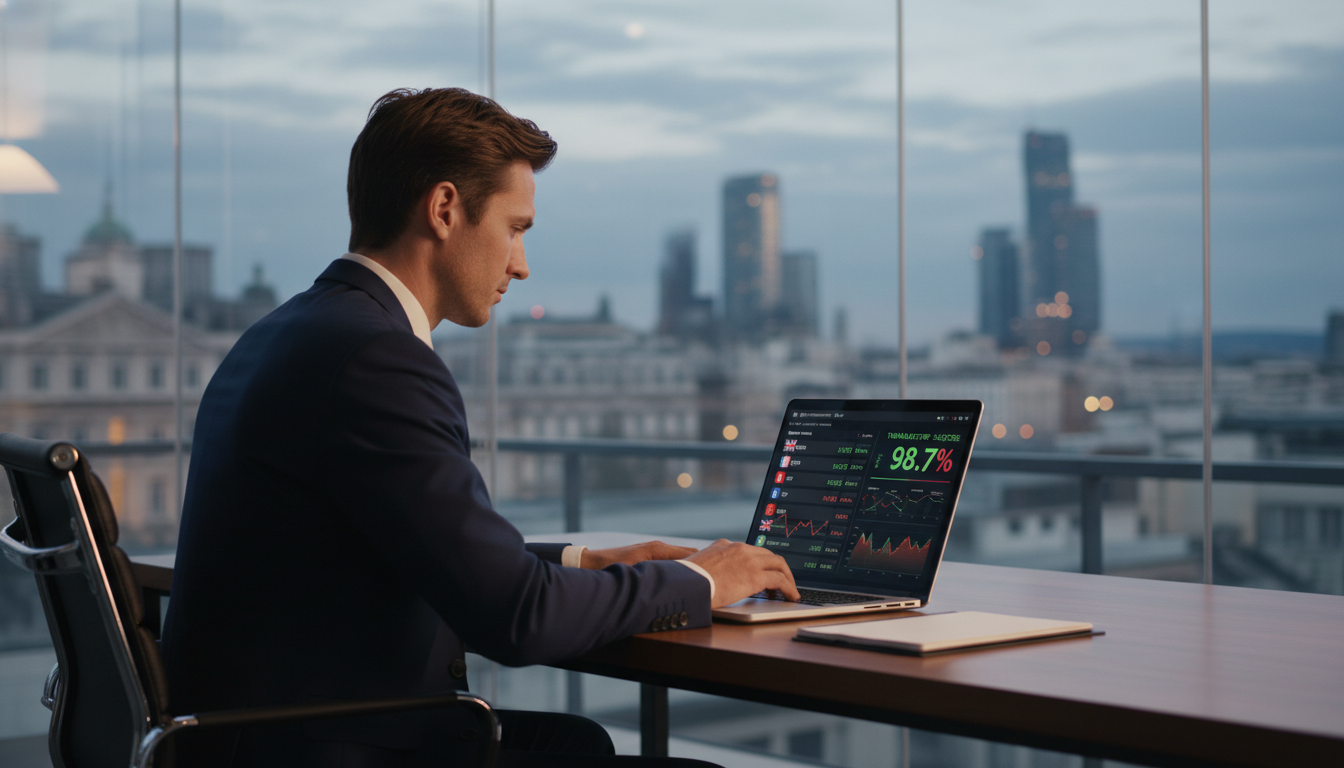 A photorealistic image of a focused business professional working on a laptop in a modern, glass-walled office with a blurred view of a European city skyline in the background, viewing a digital dashboard displaying various currency flags and transaction success metrics.