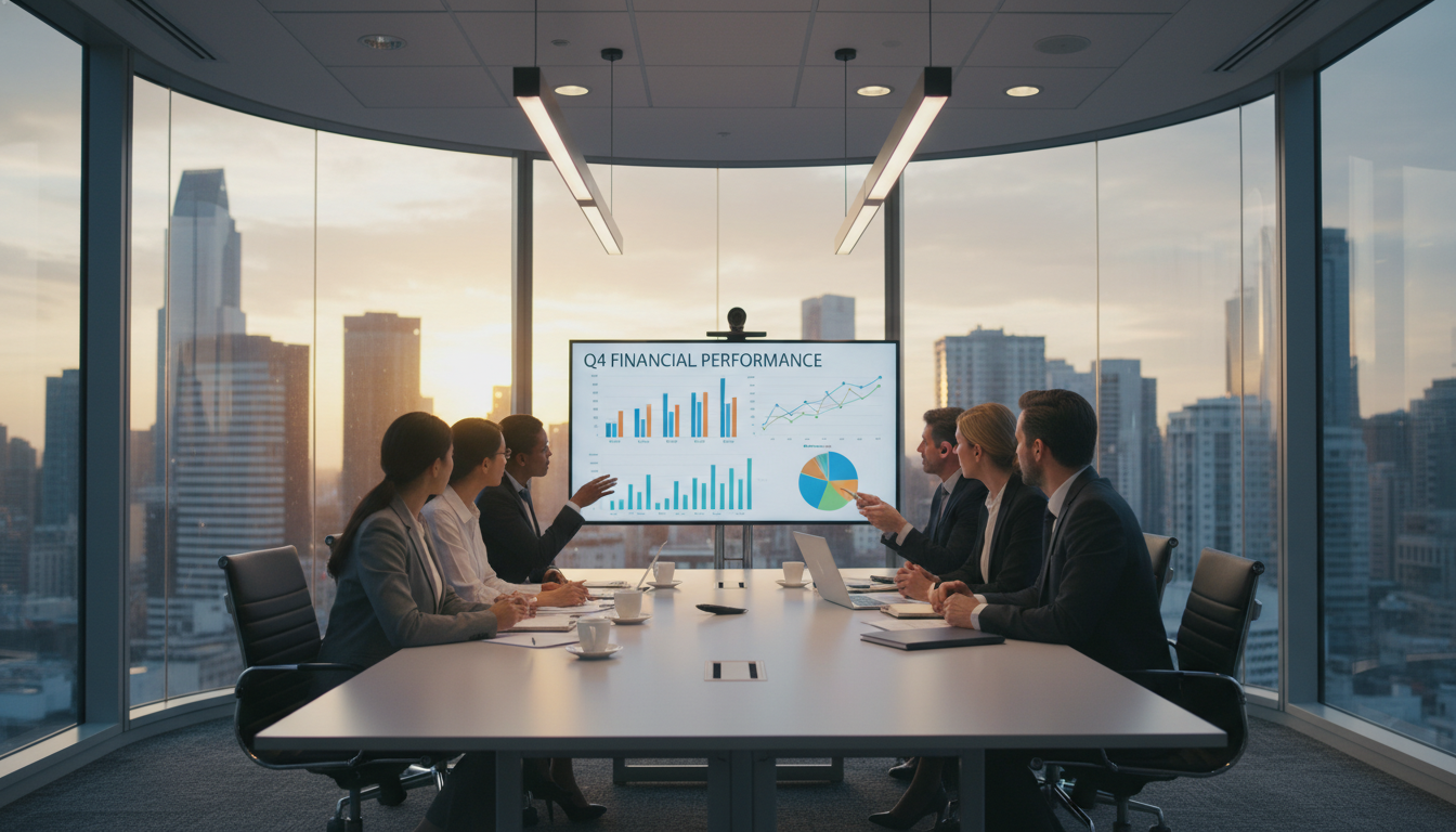 A photorealistic image of a diverse group of business professionals in a modern, glass-walled conference room discussing financial charts displayed on a screen, professional lighting, corporate atmosphere.