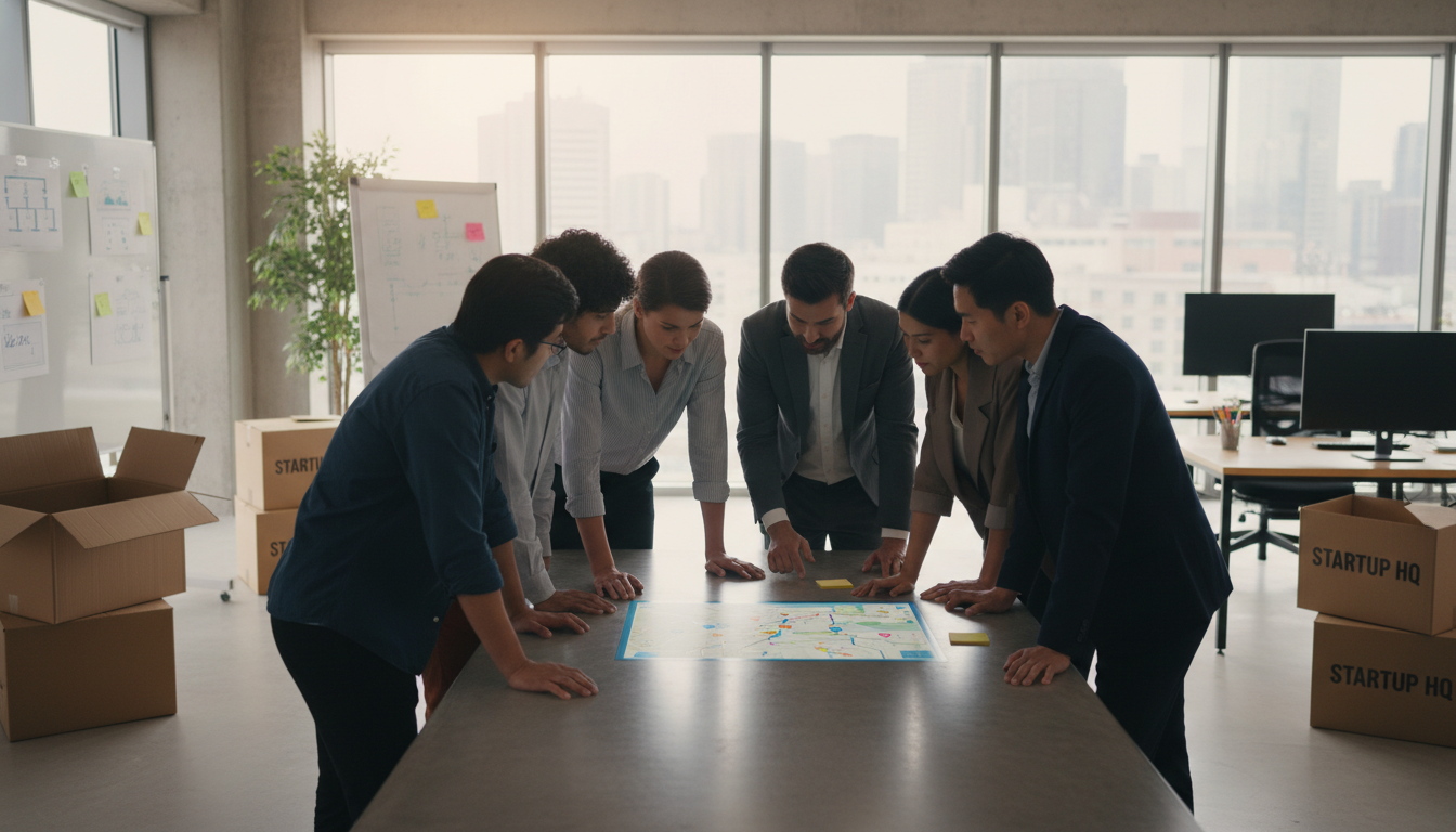 A photorealistic image of a modern, diverse startup team gathering around a large table in a bright, open-plan office, looking at a digital map on a tablet discussing relocation logistics, with subtle moving boxes in the background, professional and collaborative atmosphere.