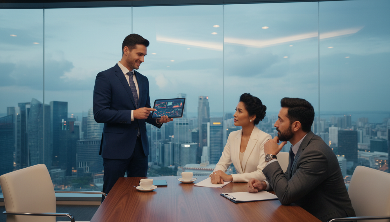 A photorealistic image of a sophisticated financial consultation taking place in a modern glass-walled office with a panoramic view of a global city skyline like London or Singapore. A professional advisor in a suit is showing a digital tablet with global market graphs to a diverse couple, conveying trust and expertise.