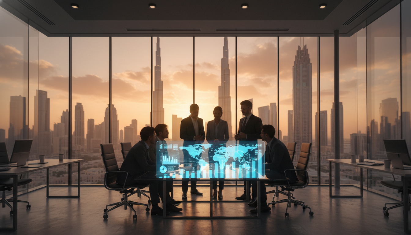 A photorealistic wide shot of a modern, glass-walled office in Dubai skyline at sunset, featuring a diverse group of business professionals discussing charts on a tablet, visualizing international business growth, high resolution, cinematic lighting