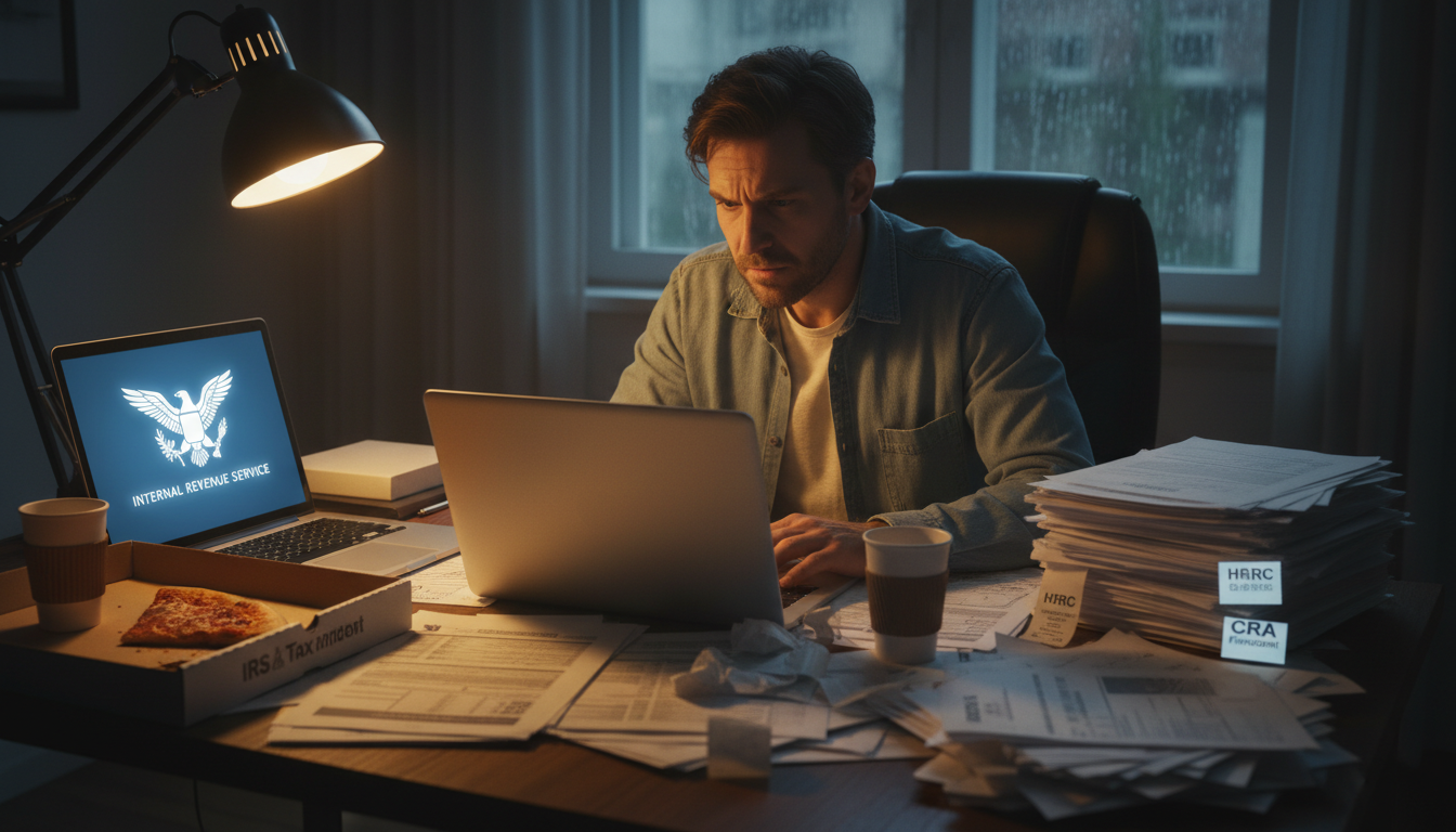 A photorealistic image of a stressed American expatriate sitting at a messy desk filled with tax forms from different countries, looking confused at a laptop screen displaying the IRS logo, high resolution, cinematic lighting