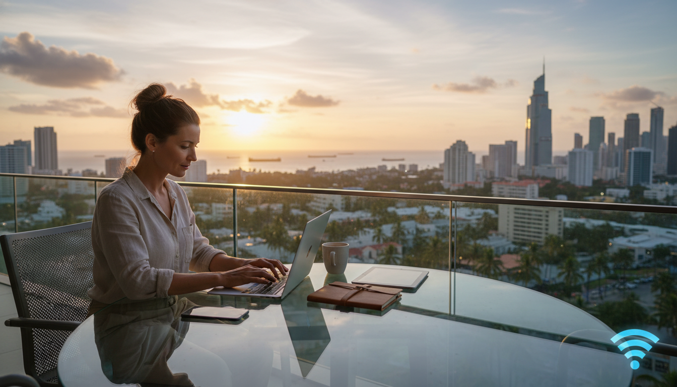 A photorealistic, high-quality image of a modern digital nomad working on a laptop at a sleek glass table on a balcony overlooking a tropical city skyline at sunset. The image should convey freedom, professionalism, and global connectivity.