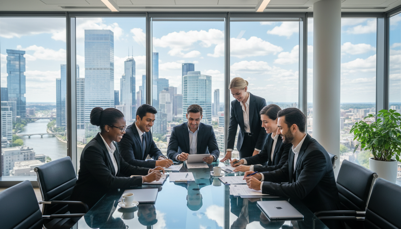 A diverse group of corporate professionals sitting around a modern conference table in a glass-walled office with a city skyline view, reviewing insurance documents and smiling, photorealistic style 8k resolution