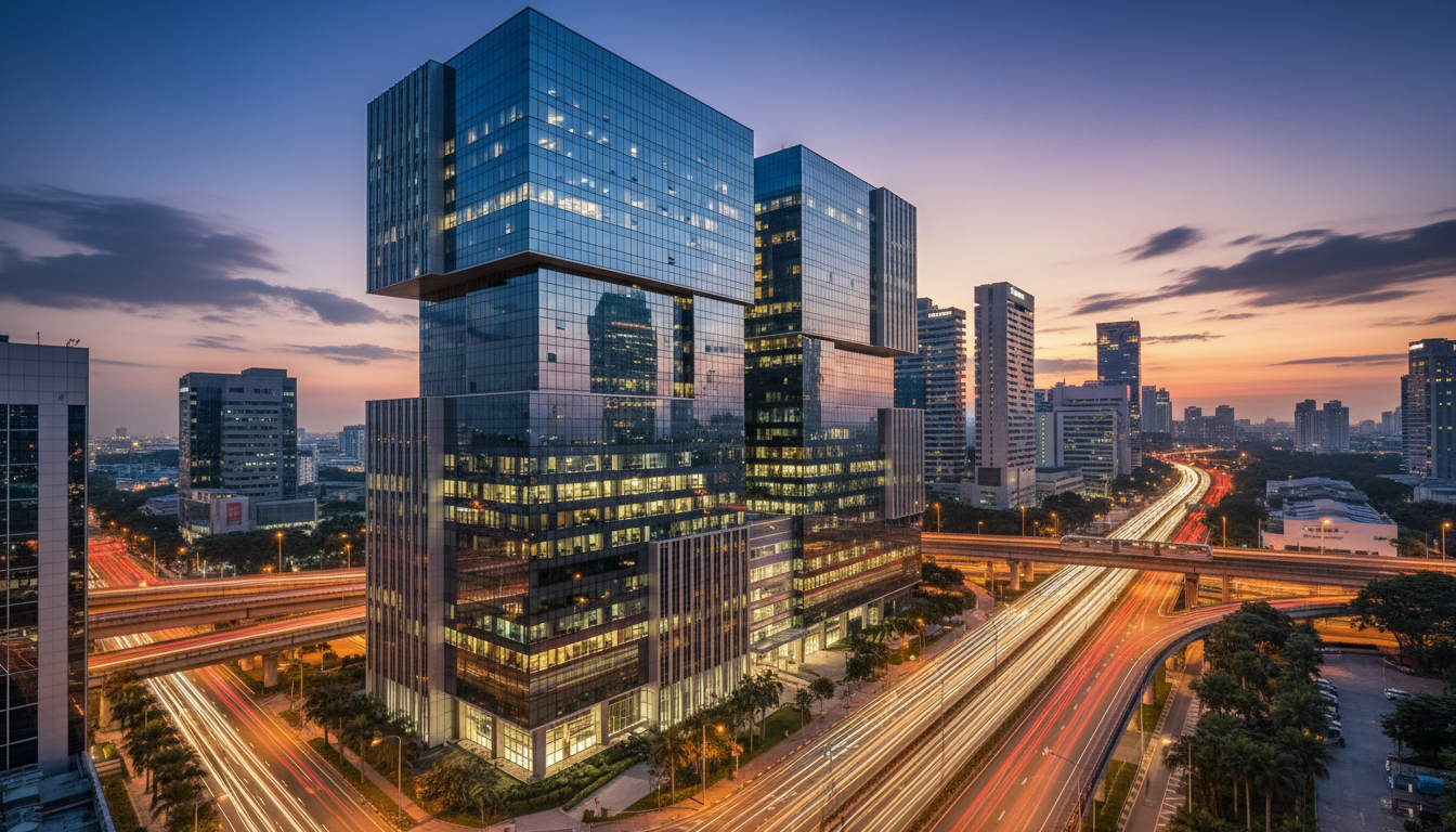 A photorealistic, wide-angle shot of a modern, glass-fronted commercial office building in a bustling international business district like Singapore or Dubai at twilight. The building reflects the city lights, symbolizing high-value assets and global economic activity. The image should look like professional architectural photography.