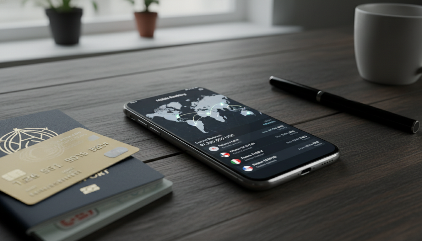 A detailed, photorealistic close-up concept shot of a sleek smartphone resting on a wooden desk, displaying a secure mobile banking app interface with a global map connecting nodes representing international money transfers, with a credit card and a passport partially visible nearby.