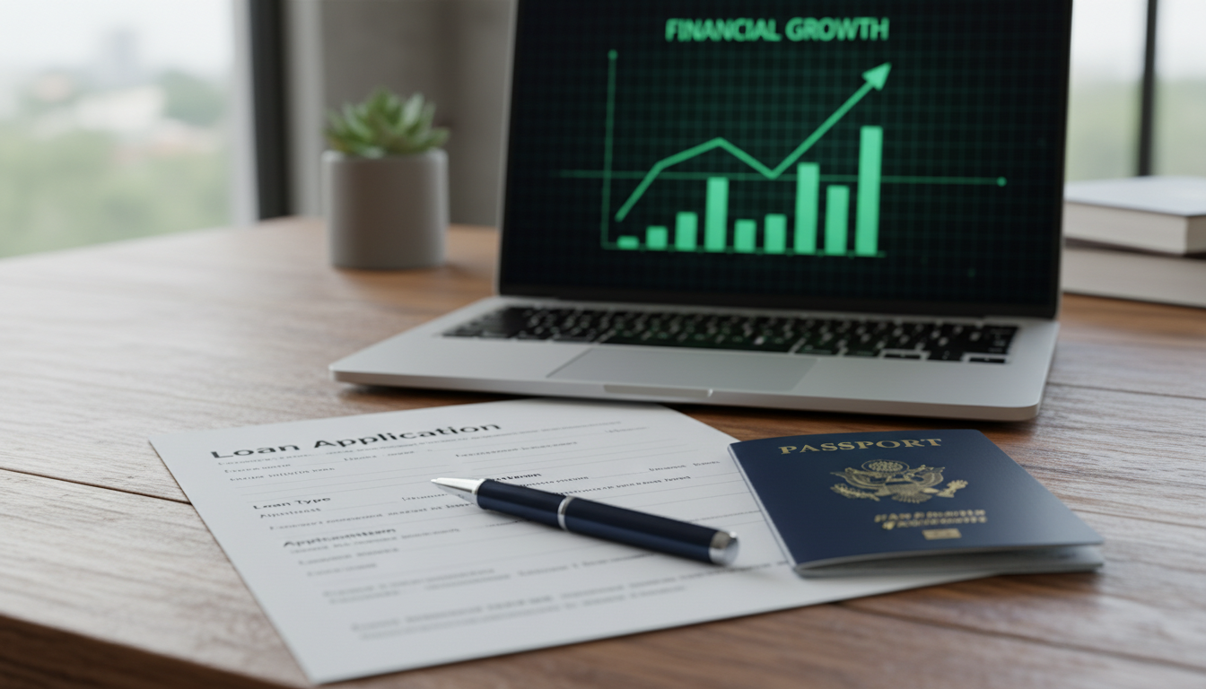 A detailed close-up shot of a wooden desk with a loan application form, a passport, a pen, and a laptop showing a rising financial graph, photorealistic style, depth of field focused on the documents.