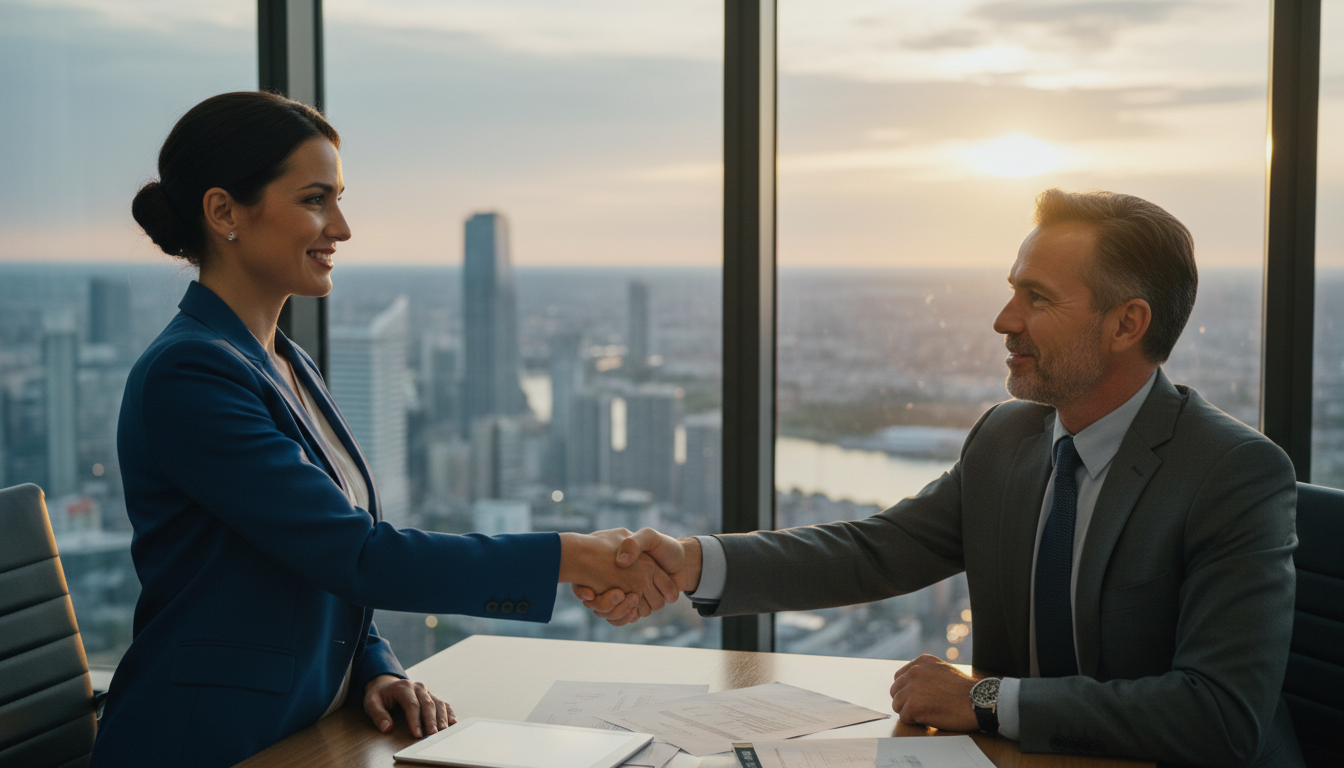 A photorealistic close-up of a confident startup founder shaking hands with a corporate relocation consultant in a high-rise glass office overlooking a major city skyline, symbolizing a successful partnership and business expansion, warm lighting.