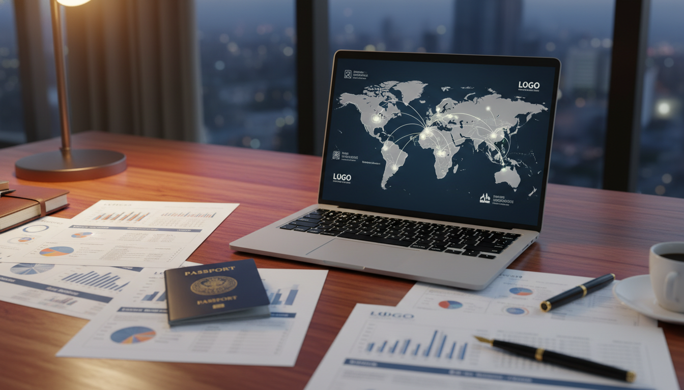A close-up, high-resolution shot of a wooden executive desk featuring a spread of financial documents, a passport, and a laptop displaying a world map with connected investment nodes. The lighting is warm and professional, highlighting the concept of global mobility.