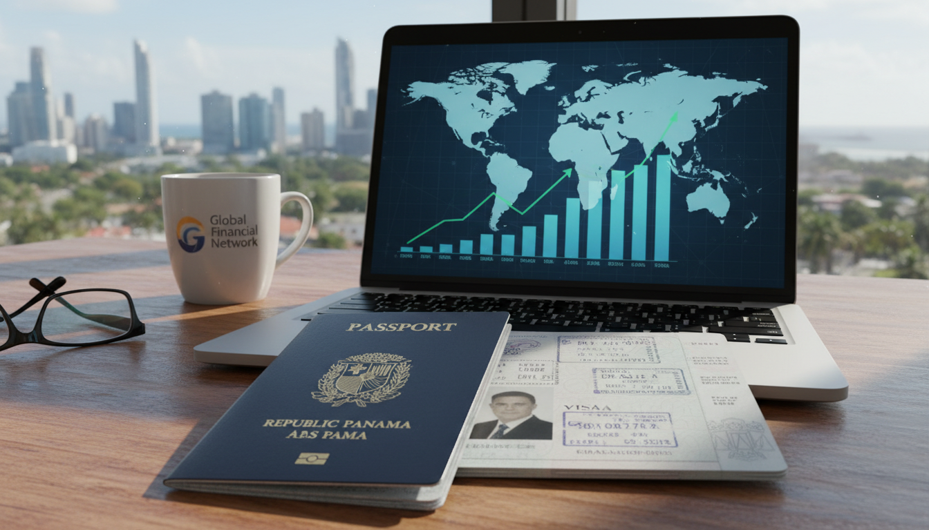 A detailed close-up of a passport lying on a wooden desk next to a sleek laptop displaying a world map with financial graphs, natural light filtering through a window overlooking a tropical Panama cityscape, photorealistic 8k
