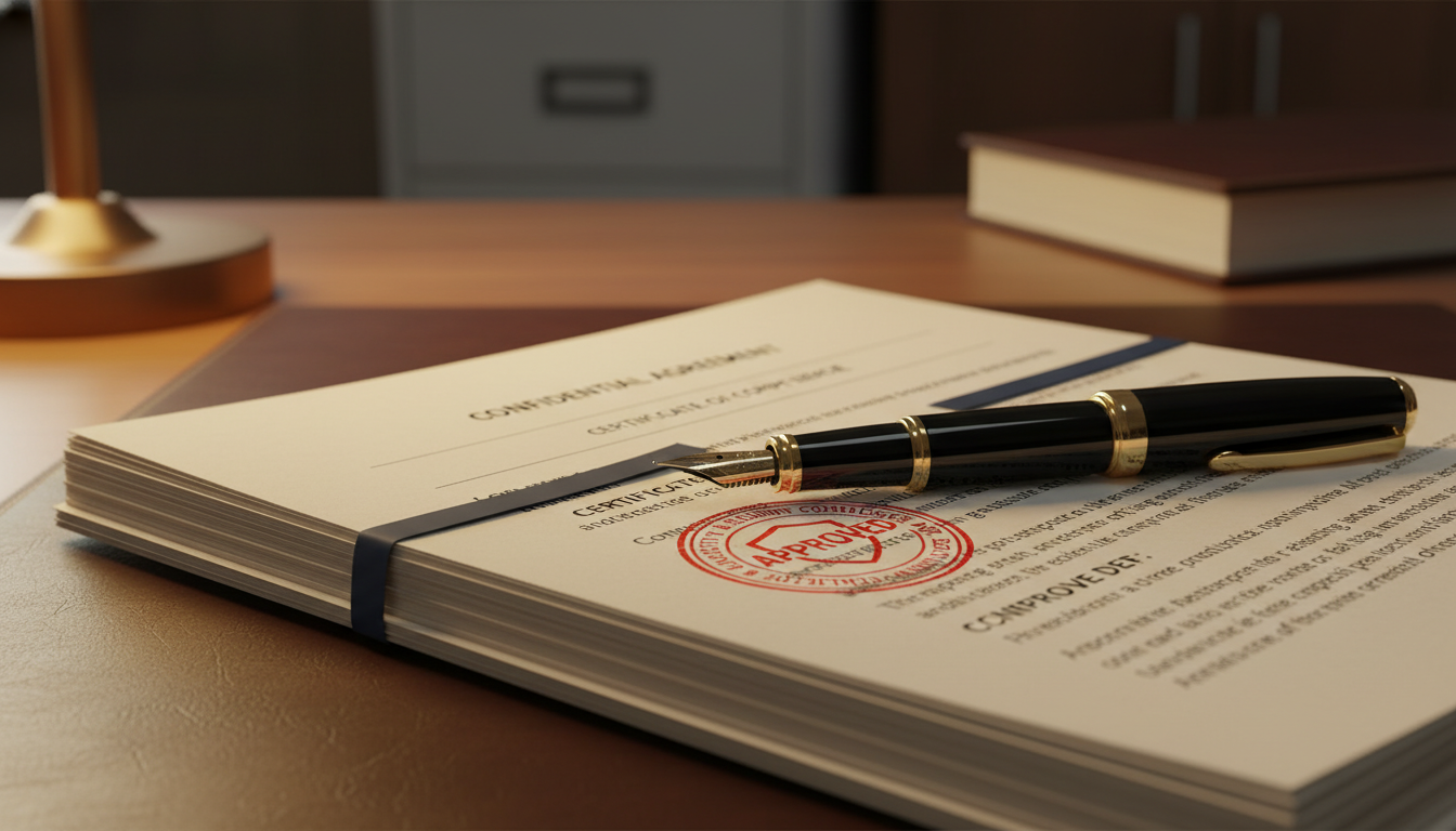 A close-up, photorealistic shot of a fountain pen resting on a stack of professional legal documents with a 'Approved' stamp visible. The lighting should be warm and office-like, emphasizing security and compliance.
