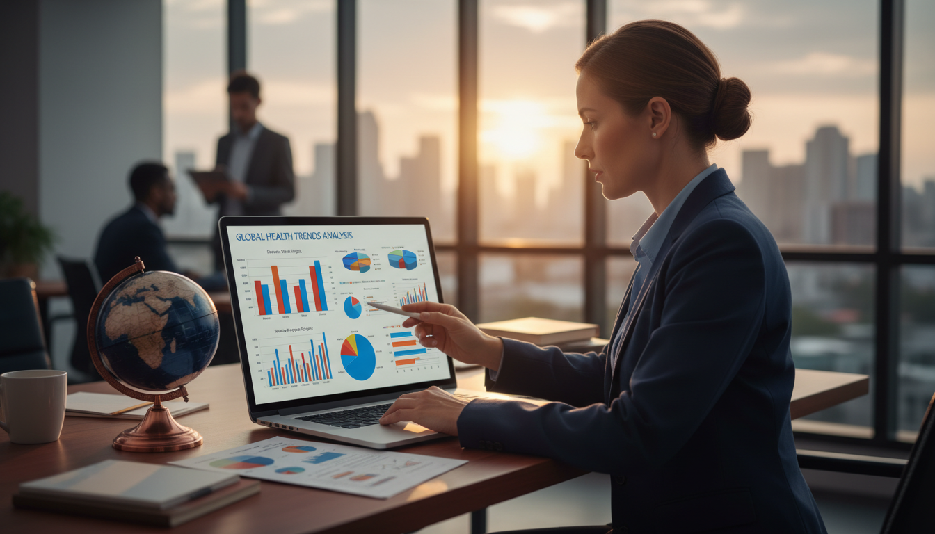 A professional HR manager analyzing data charts on a laptop screen regarding global health trends, with a globe on the desk, blurred office background, cinematic lighting, photorealistic