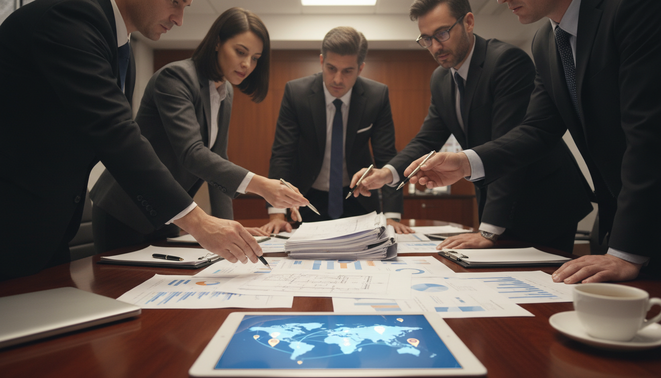 A detailed, photorealistic close-up of a mahogany meeting table where a diverse group of business professionals and legal advisors are reviewing complex blueprints and tax documents. A digital tablet in the foreground displays a global map with financial markers. The lighting is warm and professional, highlighting a serious business strategy session.
